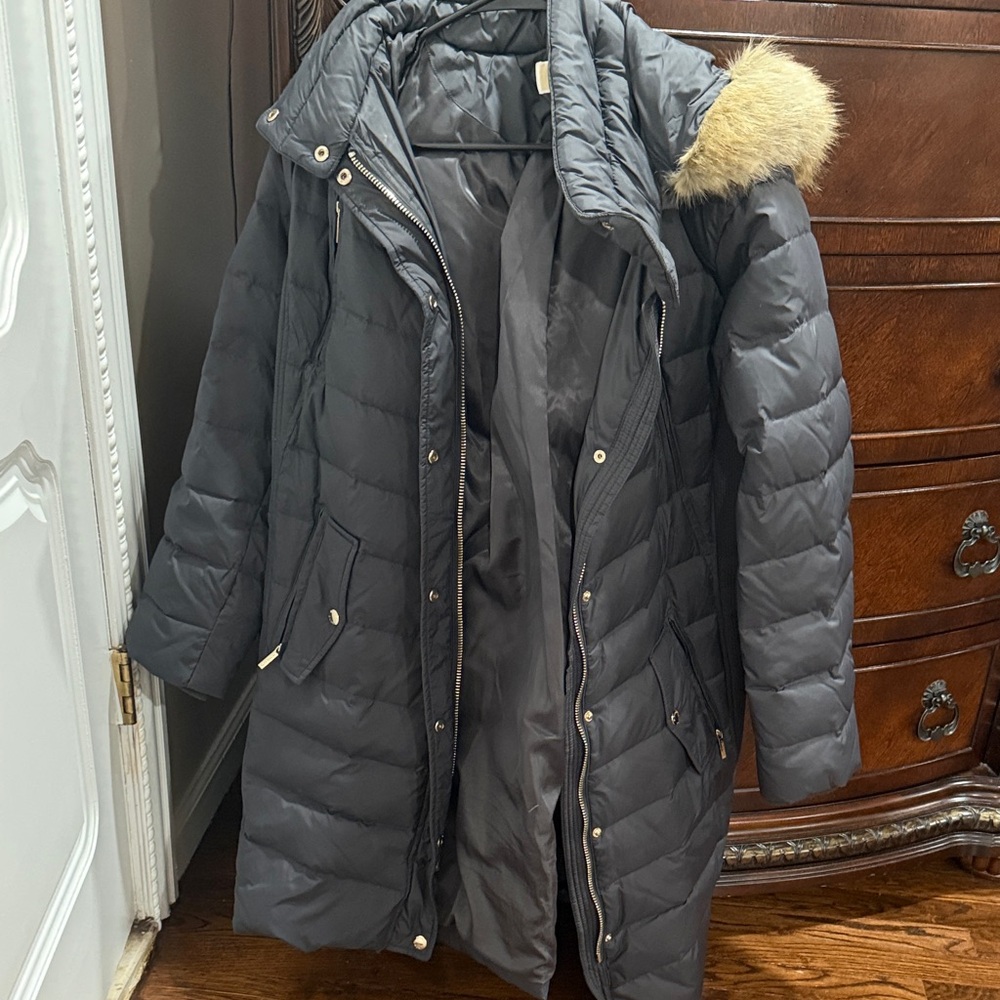 Michael Kors Dark Gray Puffer Coat with Faux Fur Trim